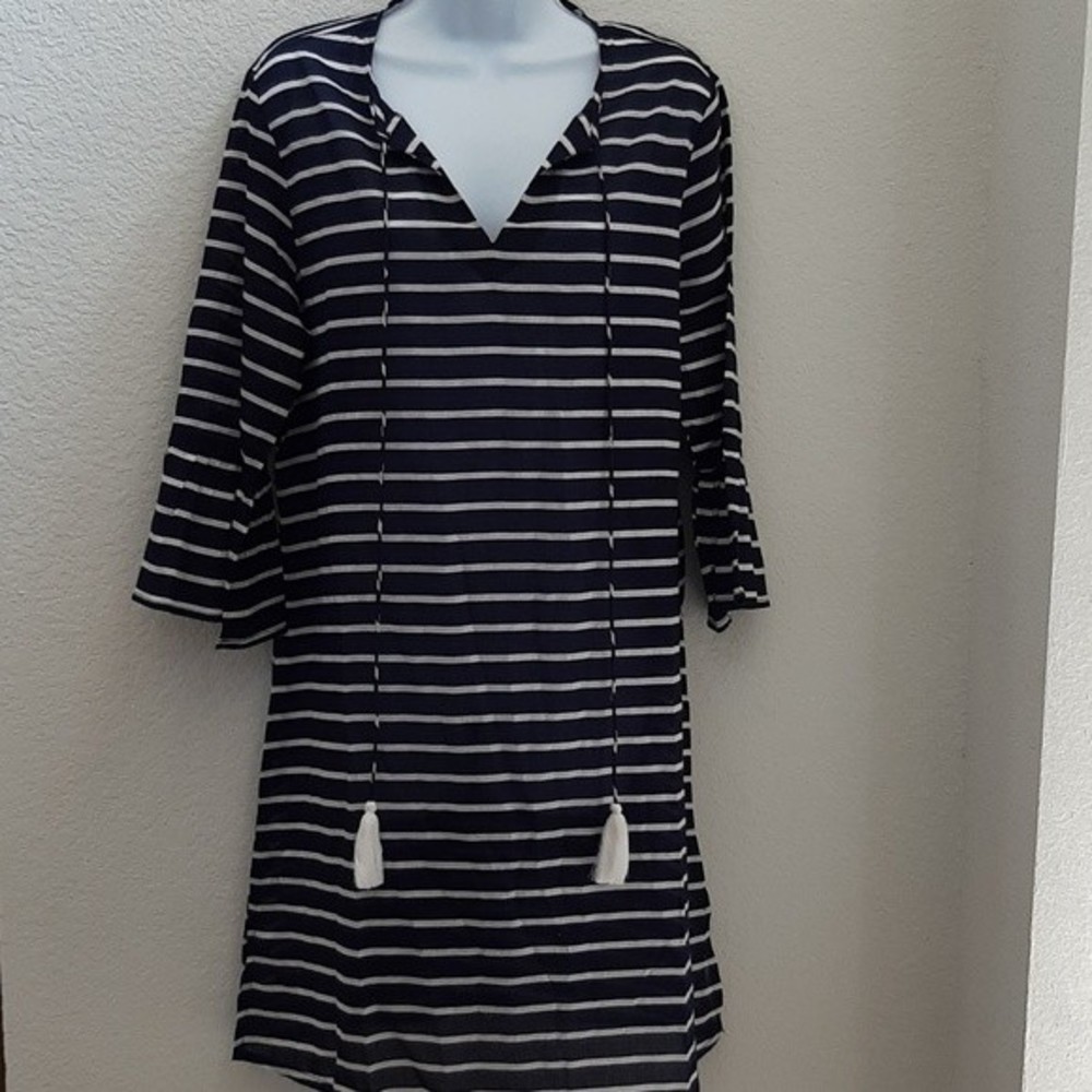Debbie Katz, Swim Suit Cover Up. Navy Blue with White Stripes. Size Medium